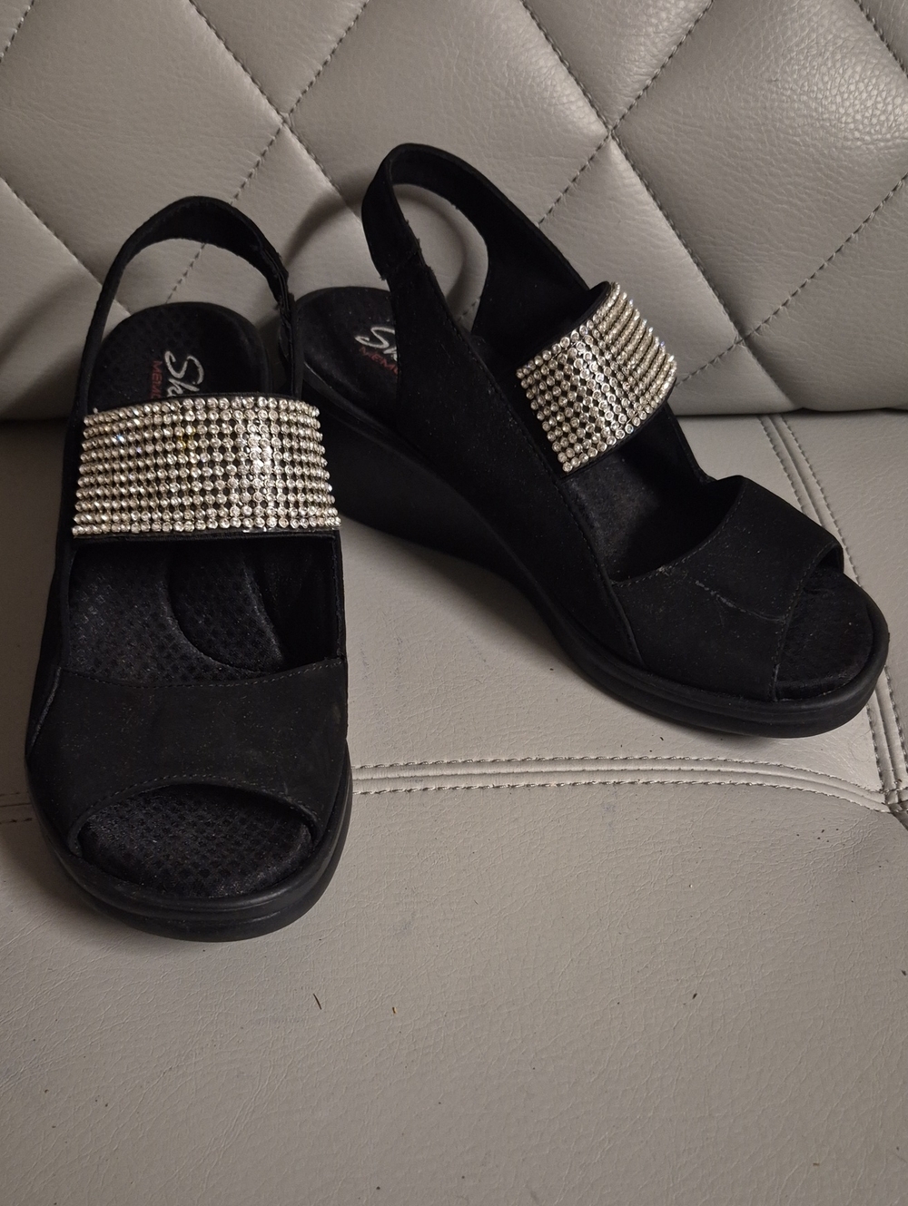 Skechers Black Wedge Sandals with Rhinestone Strap Detail